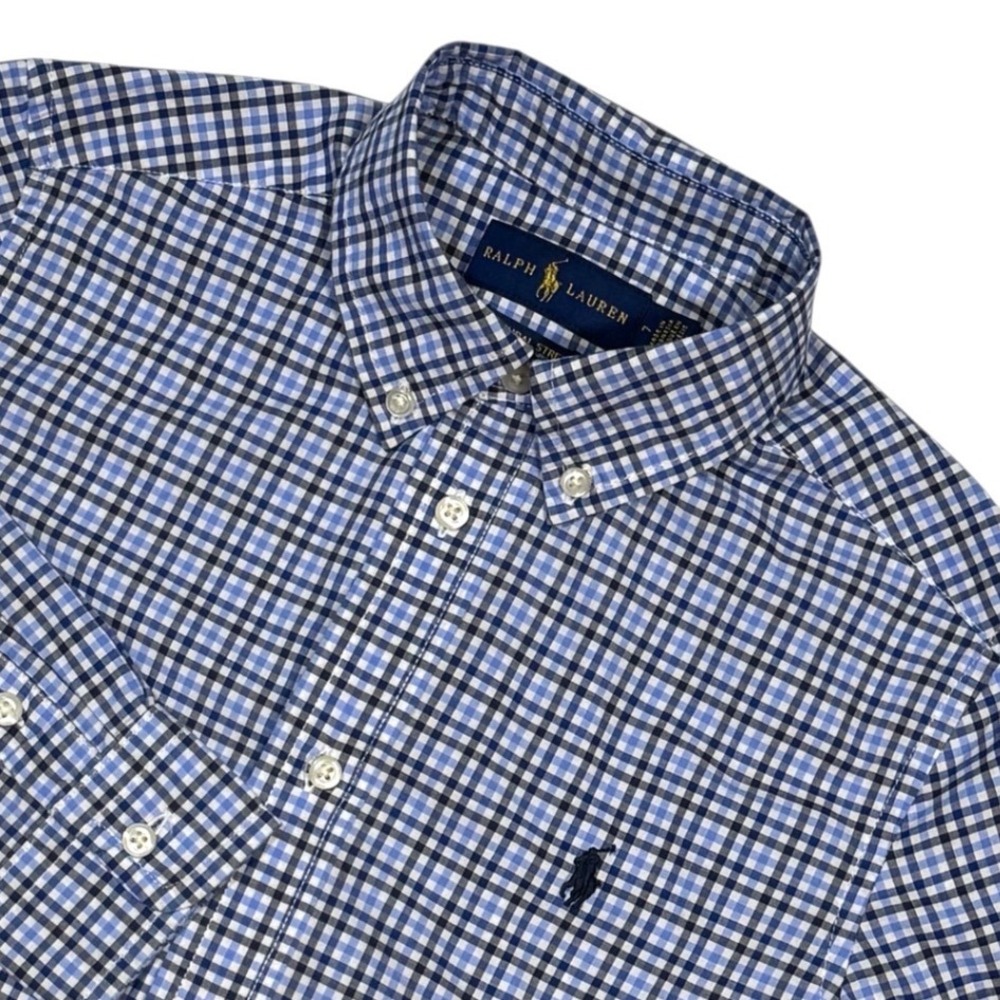 Ralph Lauren Boys Blue Pony Gingham Cotton Button Down Shirt Size 7 Long Sleeve